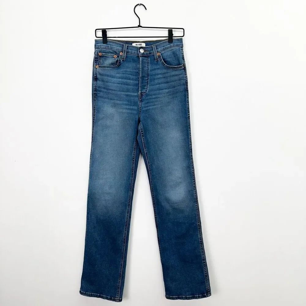 Re/Done Women’s Stretch Hidden Button Fly Skinny Medium Wash Vintaged Faded Blue